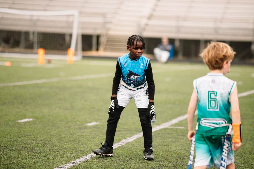 A Sharks athlete lined up before the snap